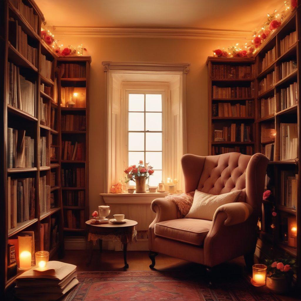 An enchanting library filled with shelves of romance novels, soft glowing lights illuminating the covers, a cozy reading nook with a plush armchair and a steaming cup of tea, intertwined roses climbing the walls, and an open book with delicate pages fluttering in a breeze. vintage style. warm colors. inviting atmosphere.