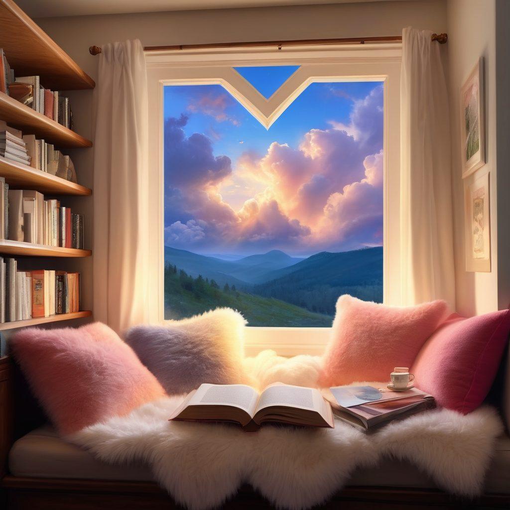 A cozy reading nook filled with plush pillows and warm throws, surrounded by stacks of bestselling romance novels. A soft beam of light illuminates an open book, with whimsical illustrations of heart-shaped clouds and swirling stories floating above. A steaming cup of tea rests nearby, inviting the viewer into a world of enchantment and love. Soft pastels and and a romantic ambiance create an inviting atmosphere. super-realistic. vibrant colors. cozy aesthetic.