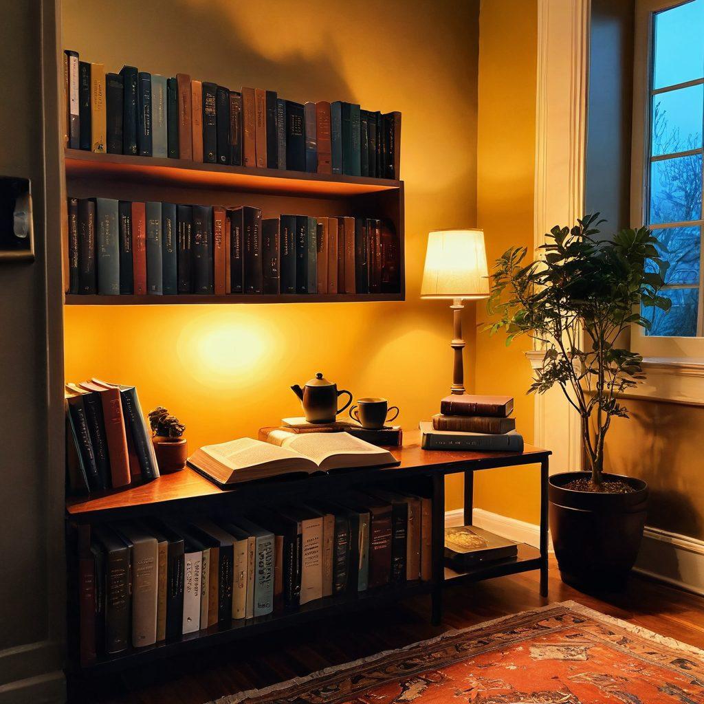 A cozy reading nook filled with an inviting assortment of books, with a steaming cup of tea on the side. A warm glow from a nearby lamp casts soft shadows, creating an atmosphere of comfort and intellect. A variety of genres are visible, including fiction, non-fiction, and poetry, along with a small plant for a touch of nature. The scene invites passionate book lovers to immerse themselves in their next read. super-realistic. warm colors. soft lighting.